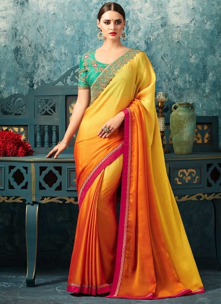 Semi Silk Saree- Yellow and Green