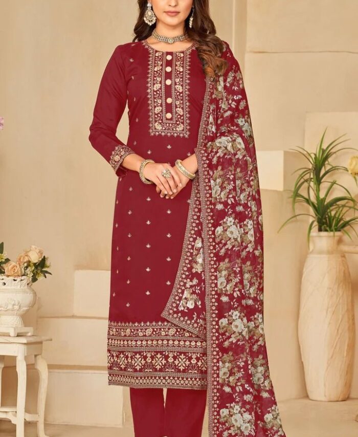 Salwar Suits- Red Roman Silk