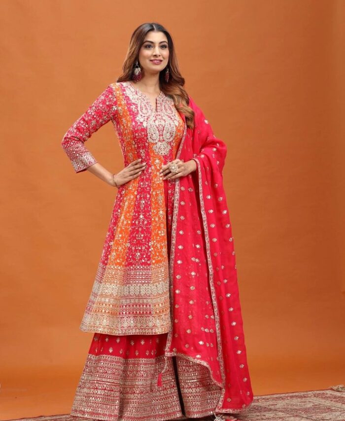 Anarkali salwar set Cream and Orange Floral work
