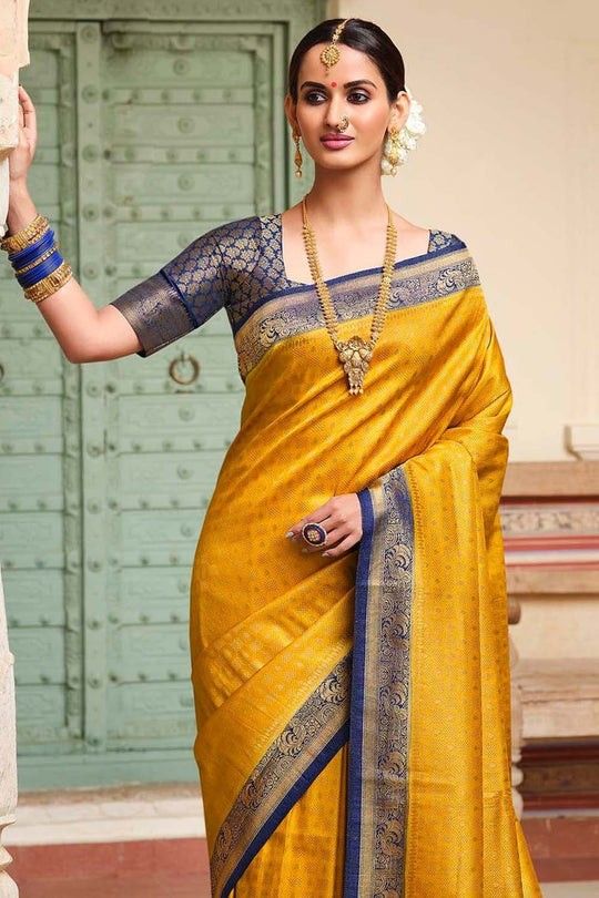 Semi Silk Saree- Yellow and Blue