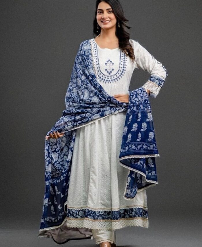 Anarkali salwar set Cream and BlueFloral work