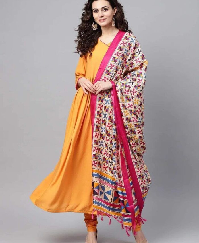 Orange floral worked flared salwar set