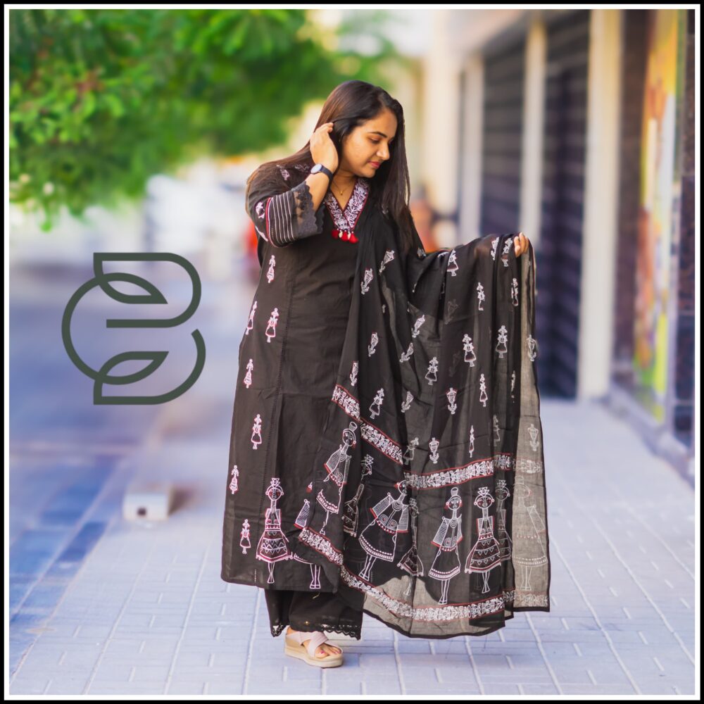 COTTON BLACK SALWAR WITH THREAD WORK , TOP , BOTTOM & DUPPATTA