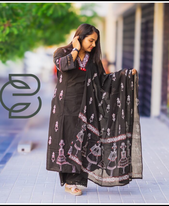 COTTON BLACK SALWAR WITH THREAD WORK , TOP , BOTTOM & DUPPATTA